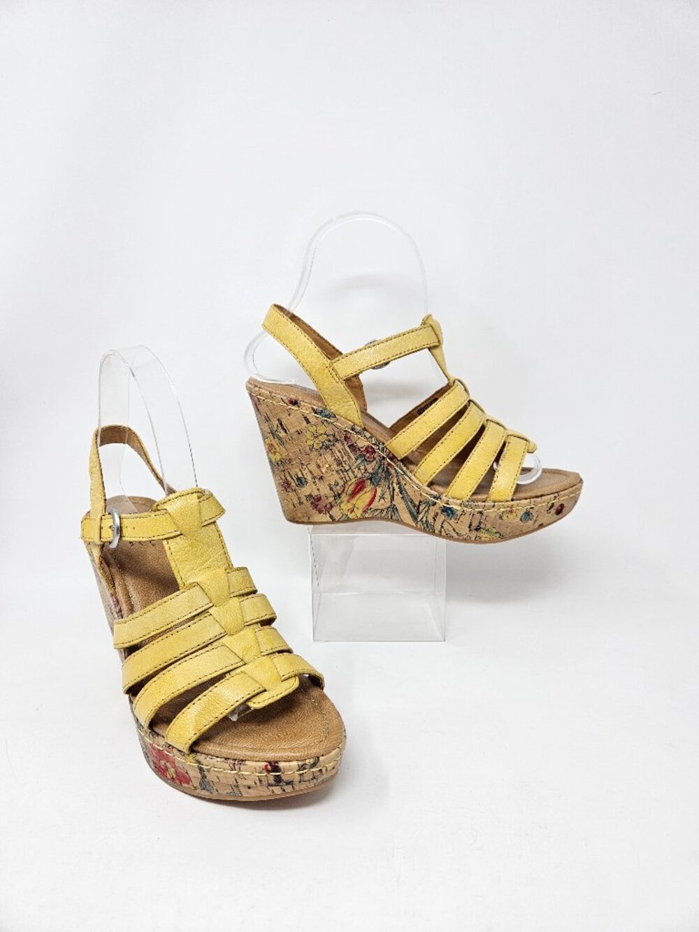 b.o.c. by Born Size 6M Yellow Leather Floral Cork Wedge Heel Sandals Slingback
